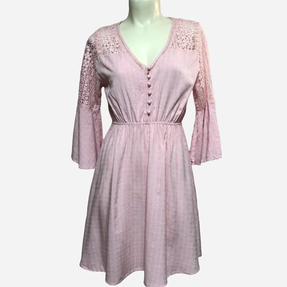 Pink Summer Long Peplum Sleeve Flared Dress With Crochet Accents Size Medium